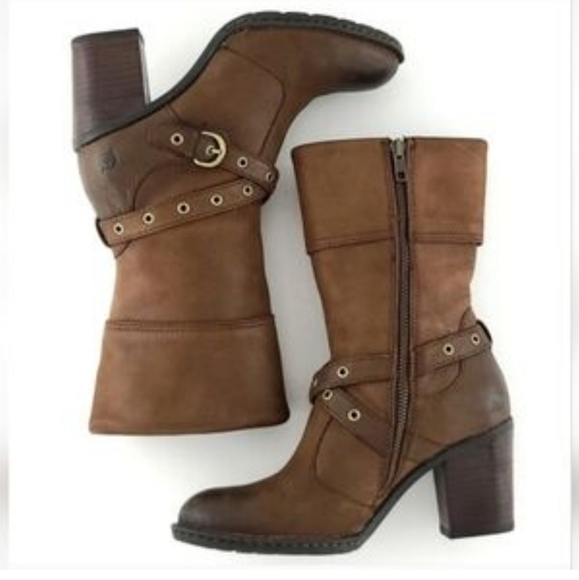 Born Women Leather Mid Calf Moto Boho Heels boots shoes sz 11 - Picture 1 of 15